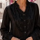 Damen Bluse Schwarz mit Pailletten – Elegante Rayon Bluse mit Spitze & Knopfleiste | S/M & L/XL