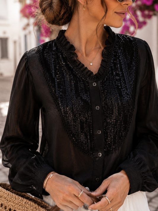 Damen Bluse Schwarz mit Pailletten – Elegante Rayon Bluse mit Spitze & Knopfleiste | S/M & L/XL