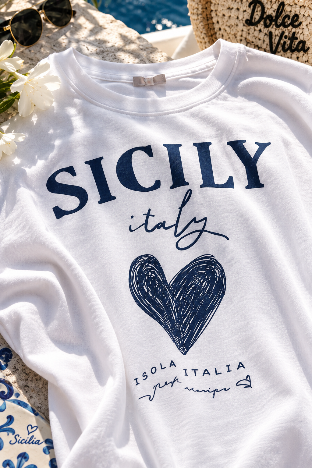 💙 Sicily Love Shirt – Italienisches Baumwollshirt mit Herzprint | 38–42 💙