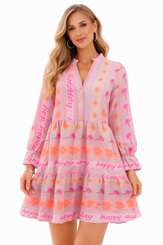 Boho Sommerkleid Damen Pink „Happy Day“ – Viskose Kleid mit 3/4-Ärmeln (Gr. 38-42)