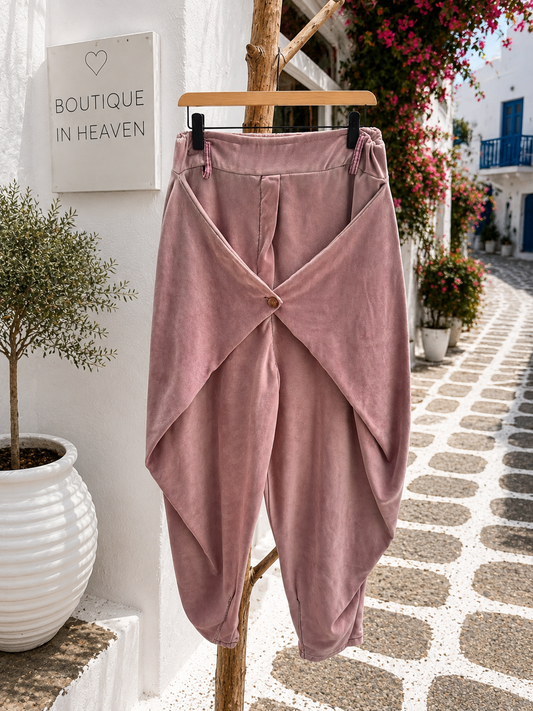 Poro Perla – Pink Velour Trousers with Wrap-Around Look | Sizes 38–44