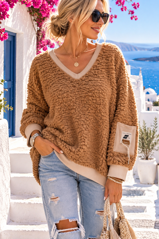 Damen Teddyfell Pullover Camel – Oversize Teddy Pullover mit V-Ausschnitt & Ärmeltasche – Gr. 38–44