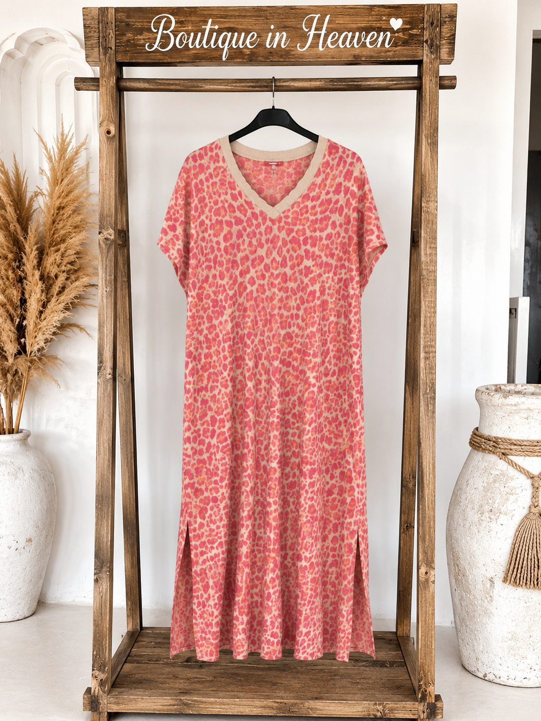 Boho Midikleid Leo Damen – Sommerkleid Leopard Print Rot-Beige | Viskose | Gr. 38–42