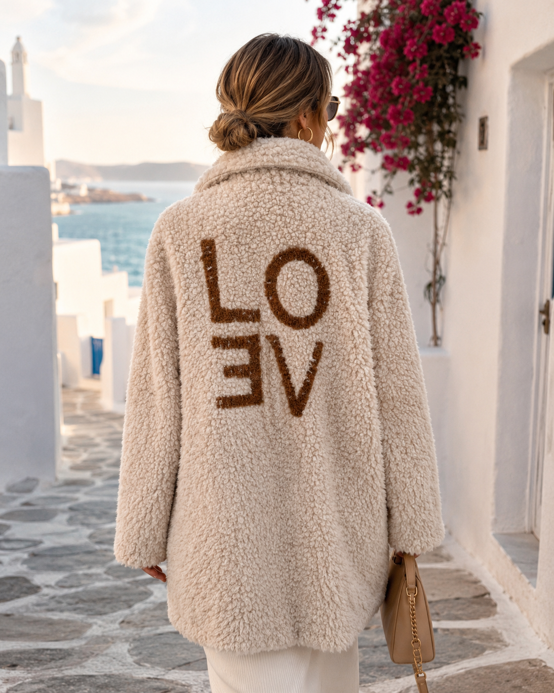 Damen Teddyjacke Oversize Beige mit LOVE Rückenprint | Teddyfell Jacke 38–44
