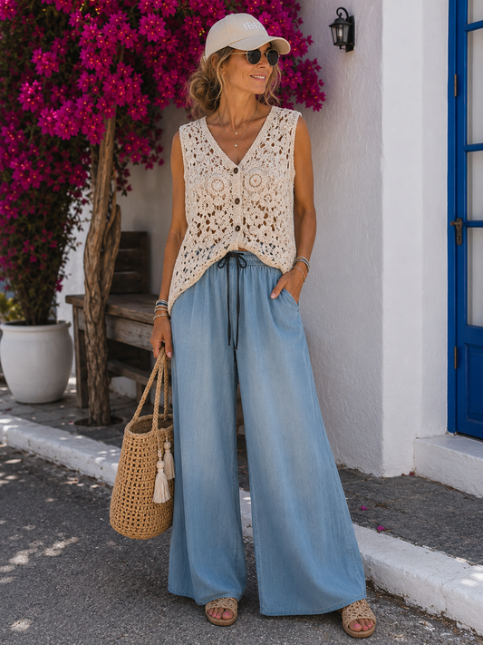 🌸 Ibiza Dreams Damen Häkelweste – Boho-Luxus mit Schmuckkette 38-42