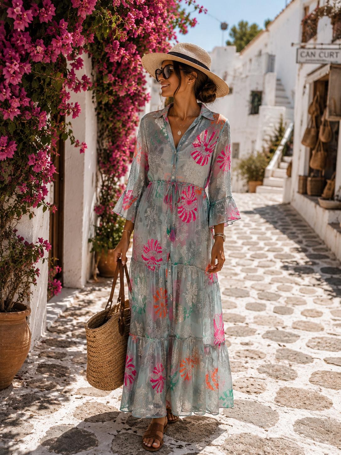 Boho Maxikleid Damen 38–42 – Baumwollkleid mit Kragen & Knopfleiste | Blau mit Neonpink Statement