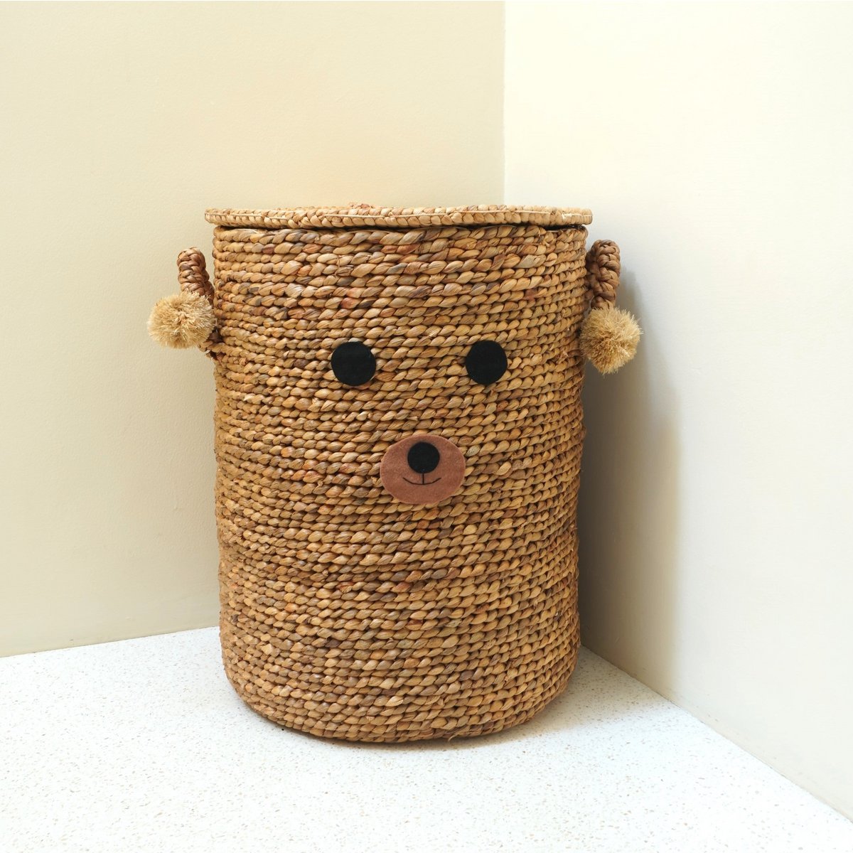 Wäschekorb für Kinder mit Teddybär-Gesicht KIYOWO aus Wasserhyazinthe geflochtener Korb mit Deckel
