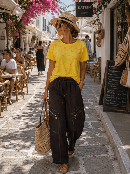 Damen T-Shirt Gelb mit roten Schleifchen | Baumwollshirt Sommer | Größe 36–42 | Boutique in Heaven