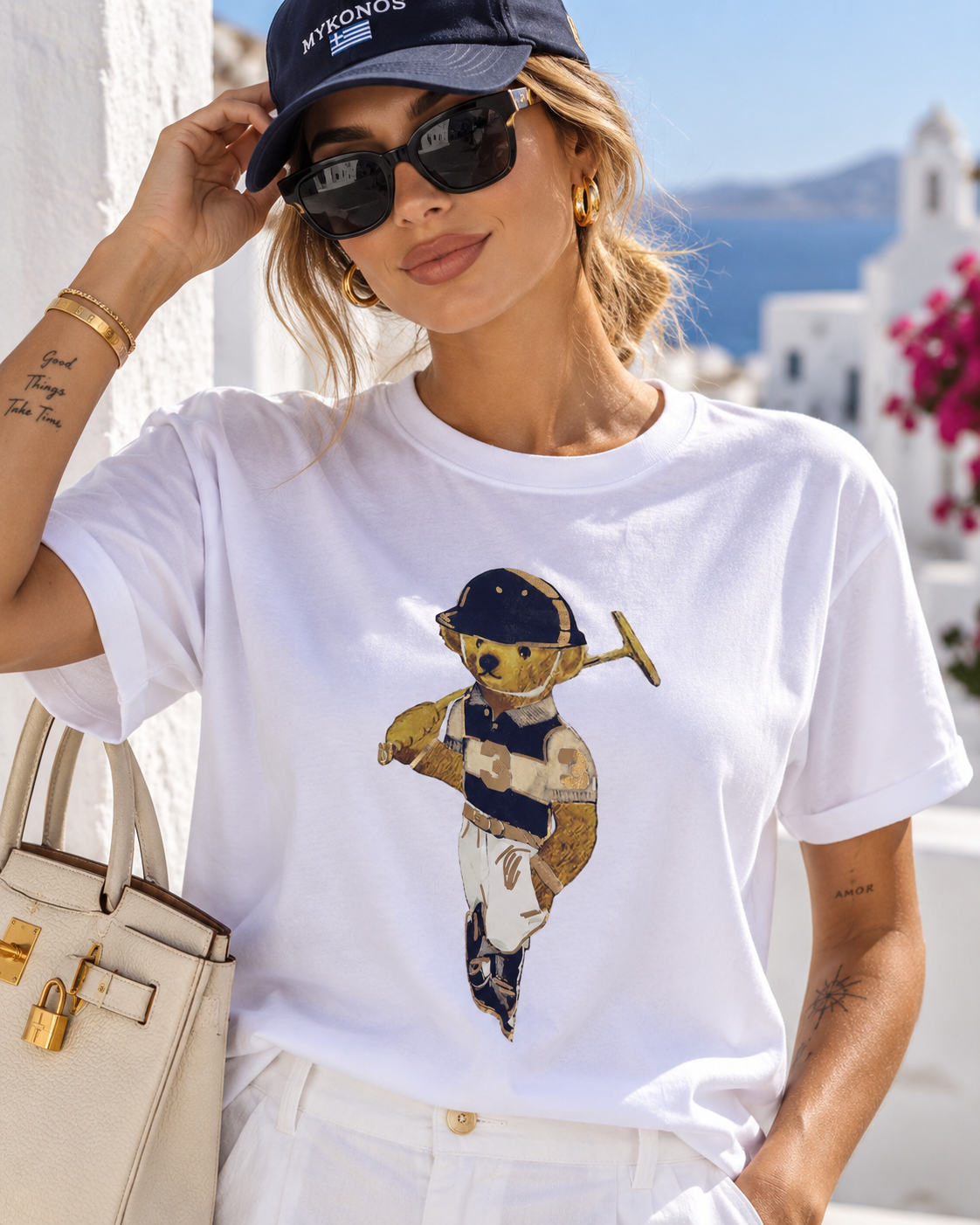 Luxury Teddy Polo T-Shirt – Weiß | Gold Teddy Print | Premium Baumwolle | 38–42