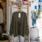 Mohair Cardigan Oliv mit Leo-Herzen – Strickjacke zum Binden | 40–44+