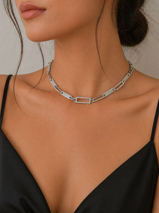 Damen Halskette Silber – Gliederkette mit Strass Detail | Minimalistischer Luxury Statement Schmuck