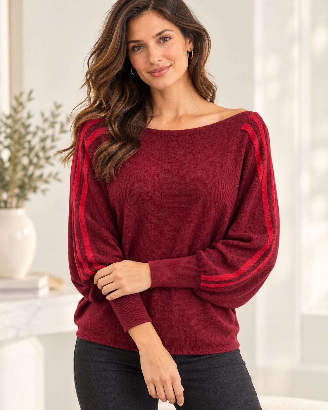 Damen Pullover mit Seitenstreifen – Flauschig, Fledermausärmel, Gr. 38–42+, Rosa Beige Braun Bordeaux