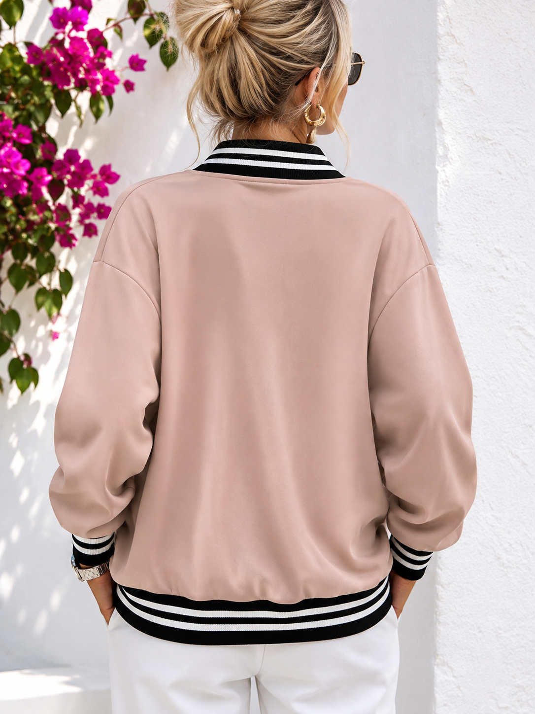 Damen Zweiteiler Beige aus Viskose-Mix – Collegejacke mit Reißverschluss & Hose mit Gummizug und Kordelzug 38-42