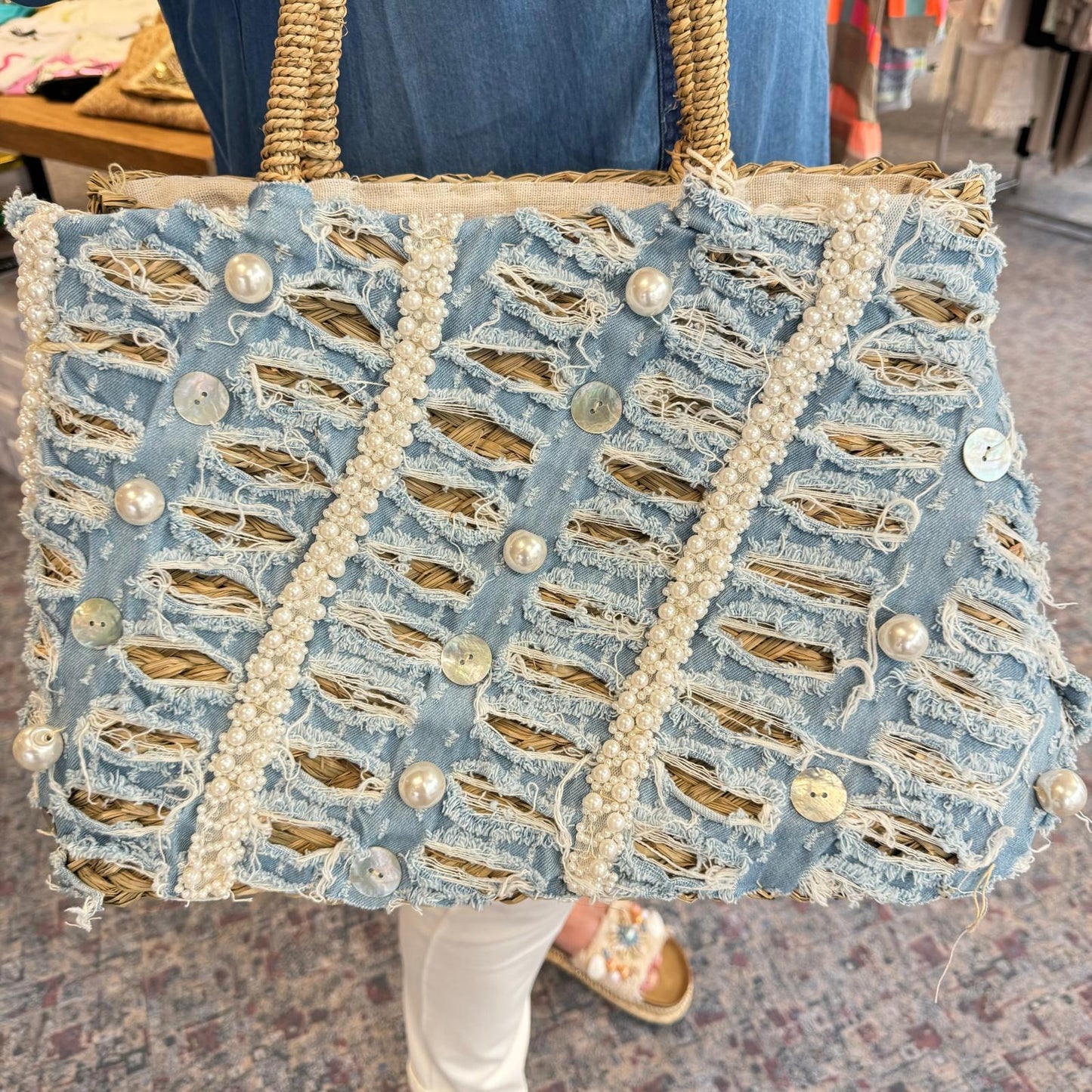 Tasche Shopper Natur Jeansoptik Perlen und Knöpfen