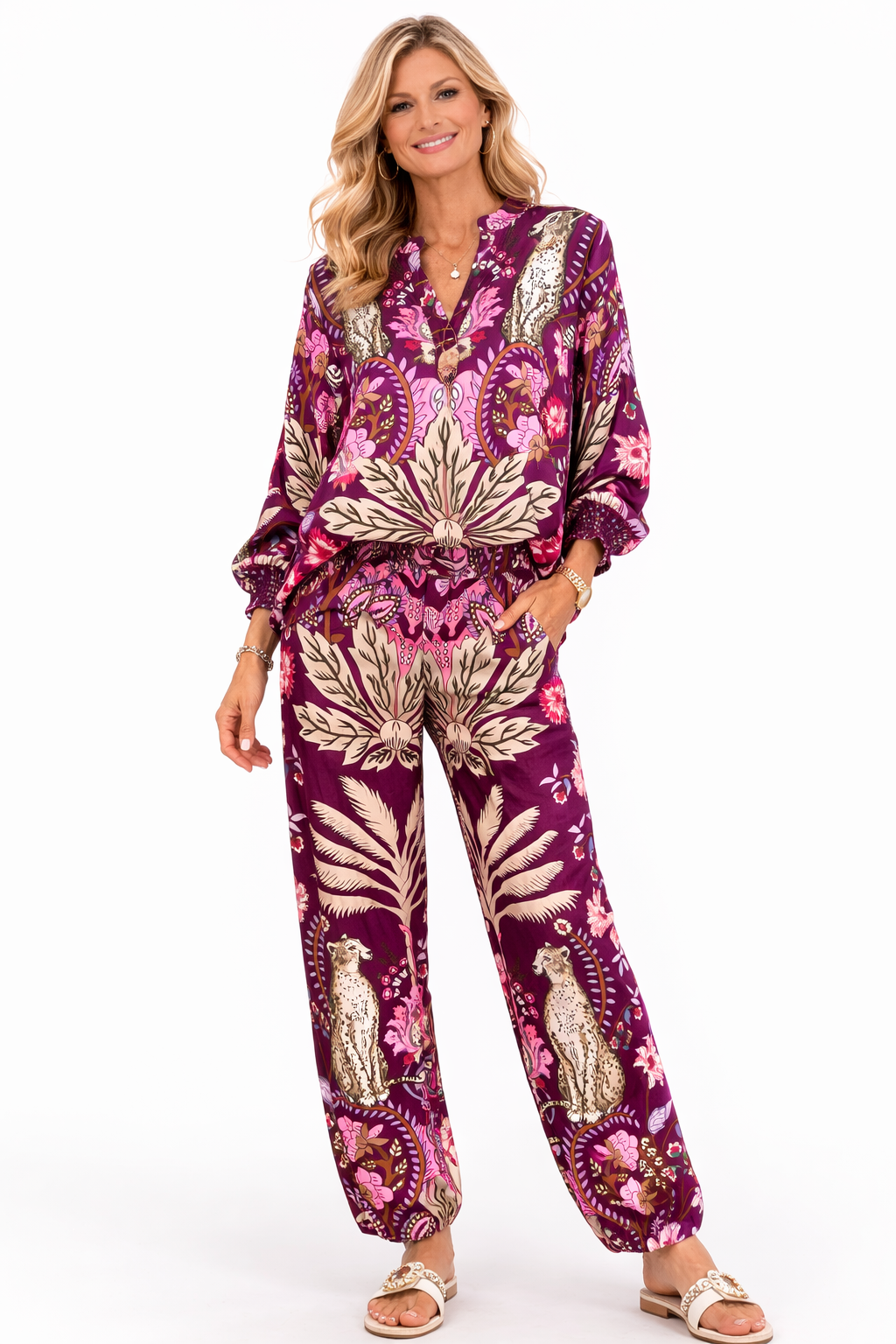 Yippie Hippie Viskose Damenhose – Boho Sommerhose mit Leo & Blattmuster