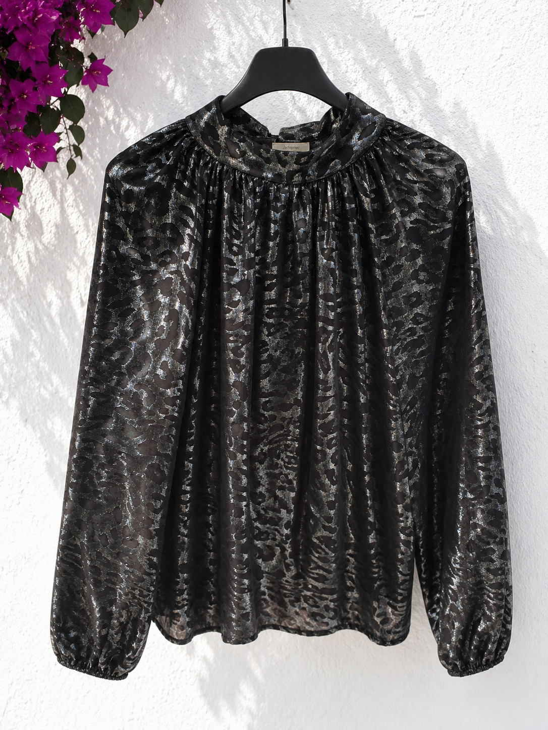 Leo Glamour Bluse Silber-Schwarz – edle Viskosebluse mit Stehkragen | 38–42