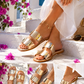 Women's Gold Metallic Sandals – Elegant Summer Mules with Decorative Details & Comfort Sole