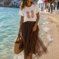 🌴 Damen T-Shirt Weiß mit 3D Sandalen-Motiv & Strass | 95% Baumwolle | 38–42