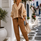 Camel Faux Leather Trousers – Elegant Stretch Trousers with Drawstring (38–42)