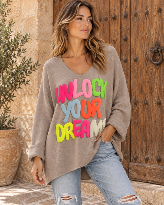 Damen Oversize Pullover „Unlock Your Dreams“ Beige Weiß Schwarz 38–44