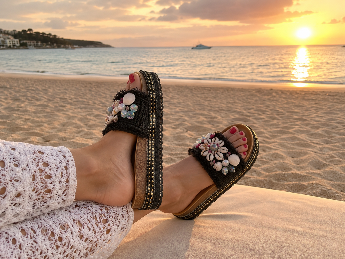Black Boho Platform Sandals with Shells – Ibiza Glam Slides ✨