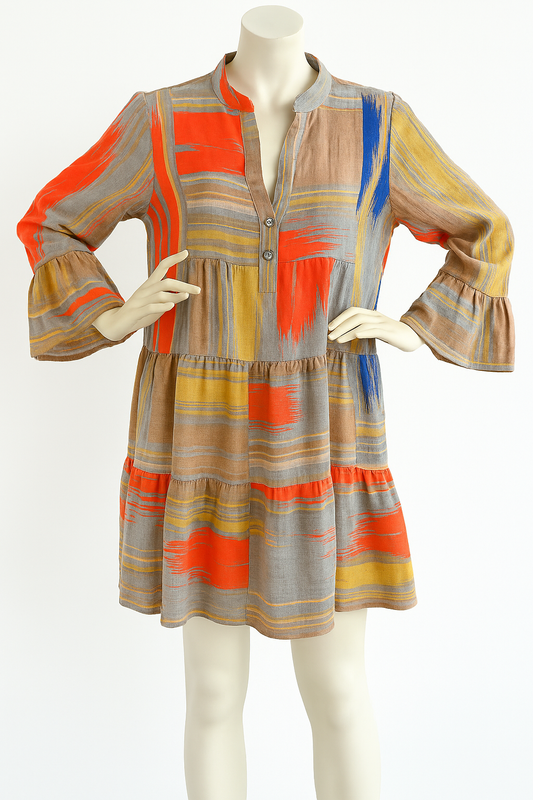 Boho Bloom – Buntes Baumwollkleid im Stufenschnitt (Gr. 38–42)