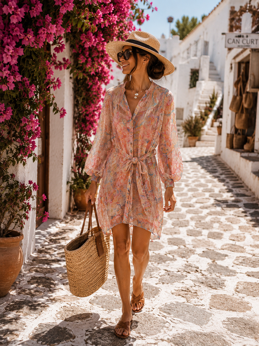 Pink Paradise Chiffonkleid – Luxury Ibiza Dress mit Stehkragen & Wow-Effekt ✨