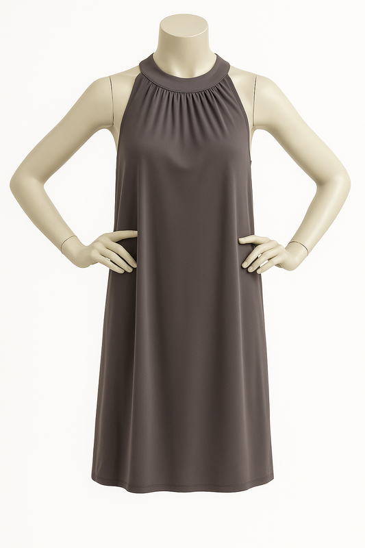 Fließendes Midikleid mit Stehkragen – Taupe | Made in Italy | Größe 36–42