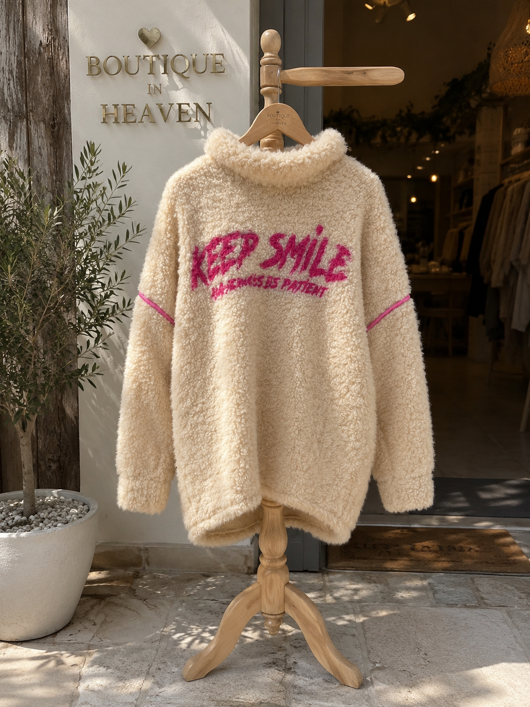 Damen Teddy Pullover Keep Smile Weiß Pink Oversize Gr. 38–44