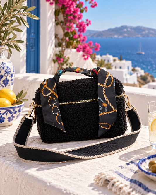 Mini Teddyfell Tasche Schwarz – süß, elegant & mit Seidentuch | Boutique in Heave