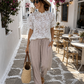 Romantic Women's Lace Blouse White – Elegant Vintage Blouse with Stand-up Collar & Short Sleeves Size S