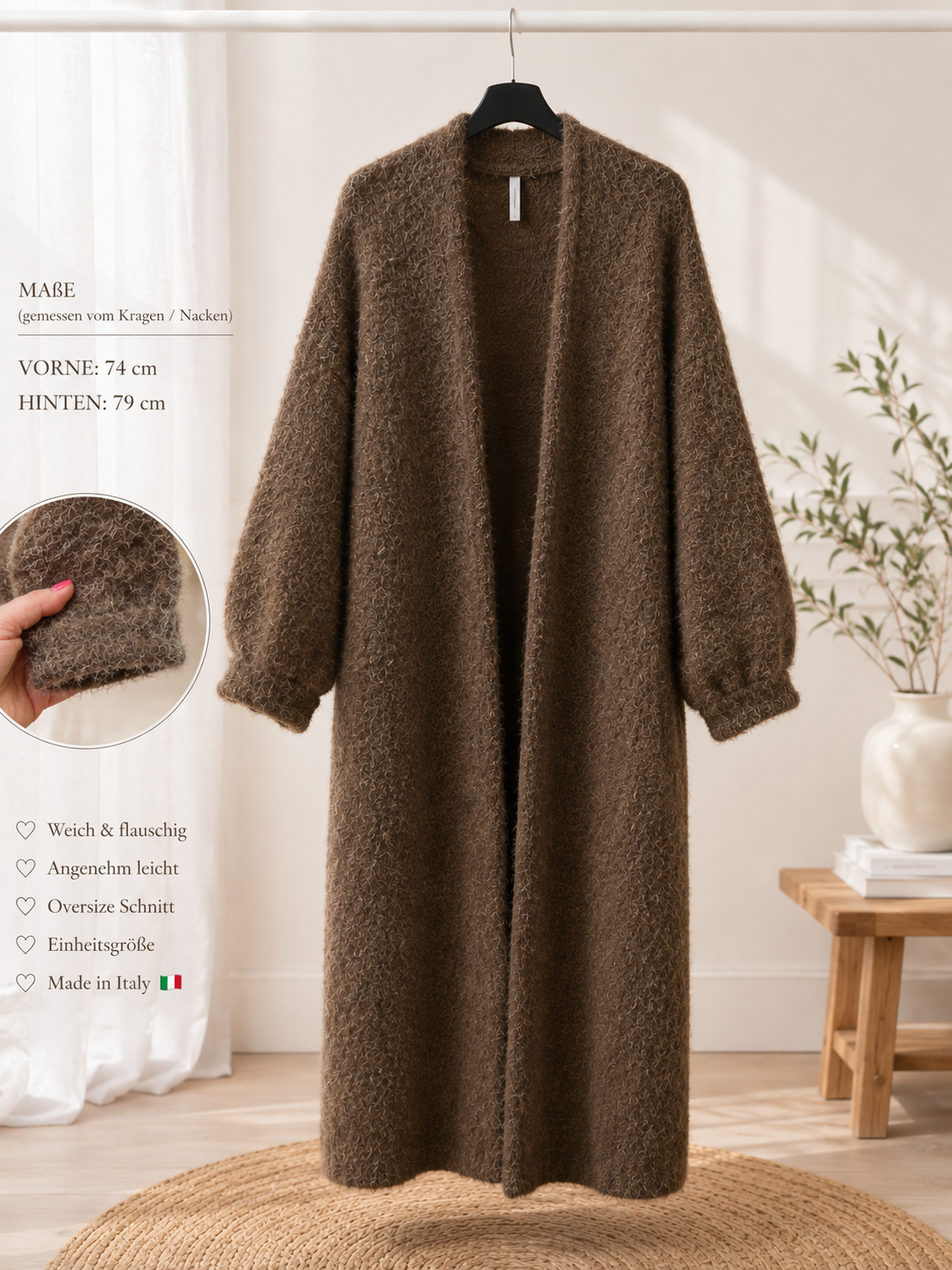 Damen Long Cardigan Braun offen Oversize Mantel 38–42