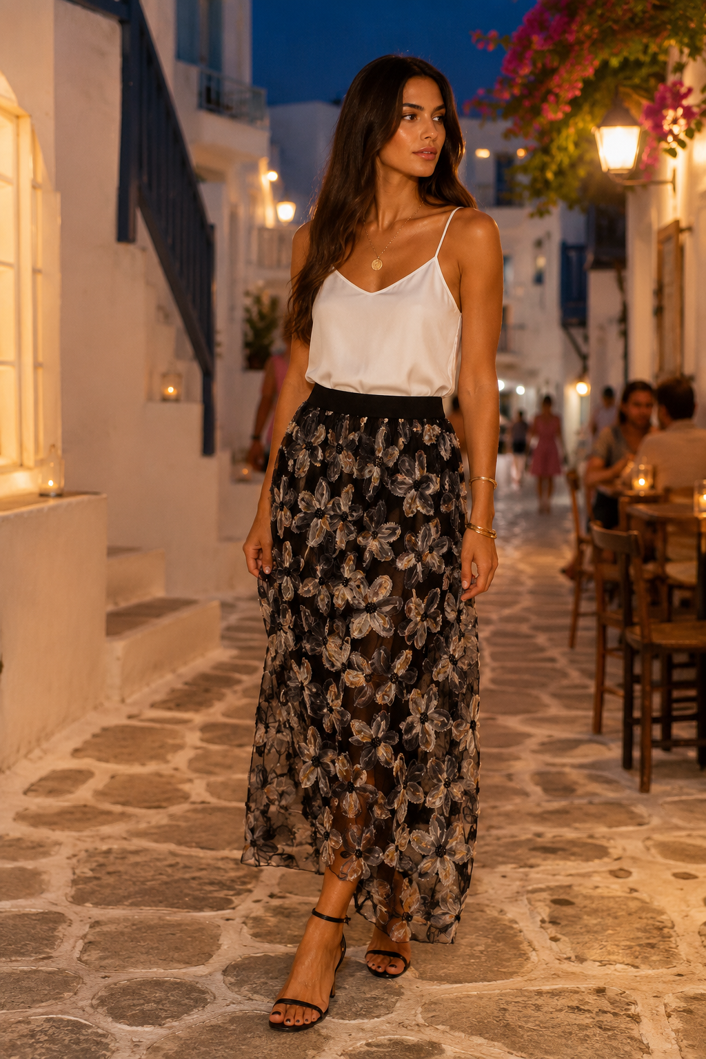 Eleganter Plissé Rock Damen Schwarz mit Pailletten Blumen – Midi Rock mit Unterrock & Gummibund | Boutique in Heaven (38–42)