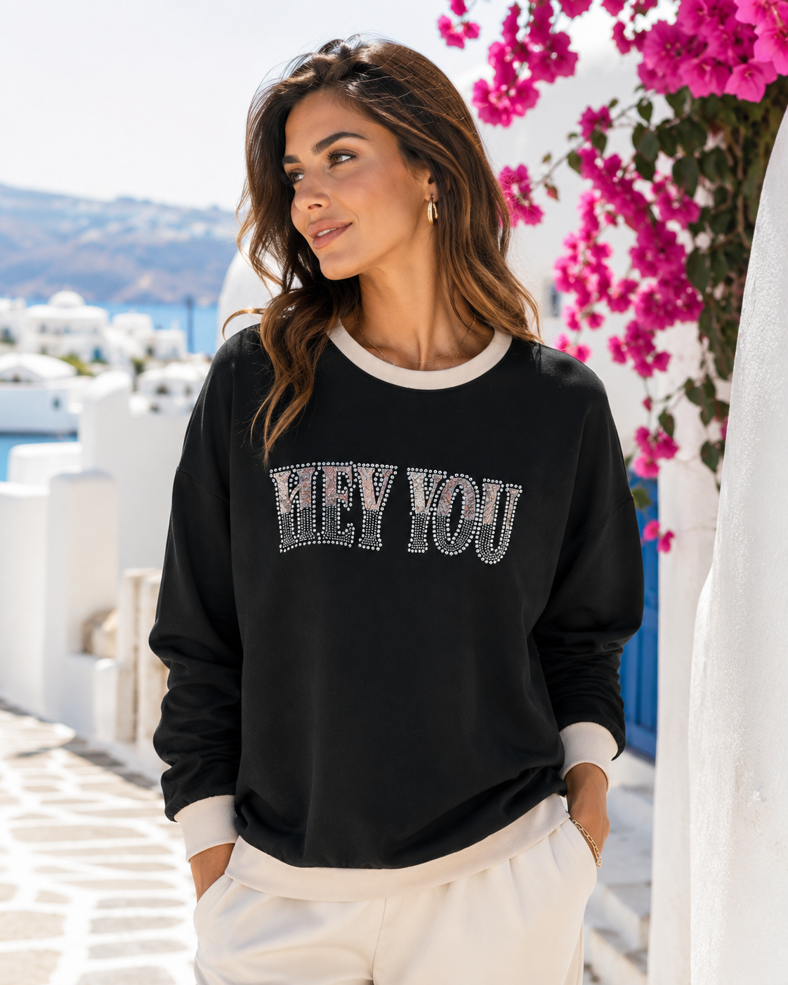 Leichter Damen Sweater aus Viskose – Oversize Pullover mit Glitzer-Schriftzug HEY YOU (38-42)
