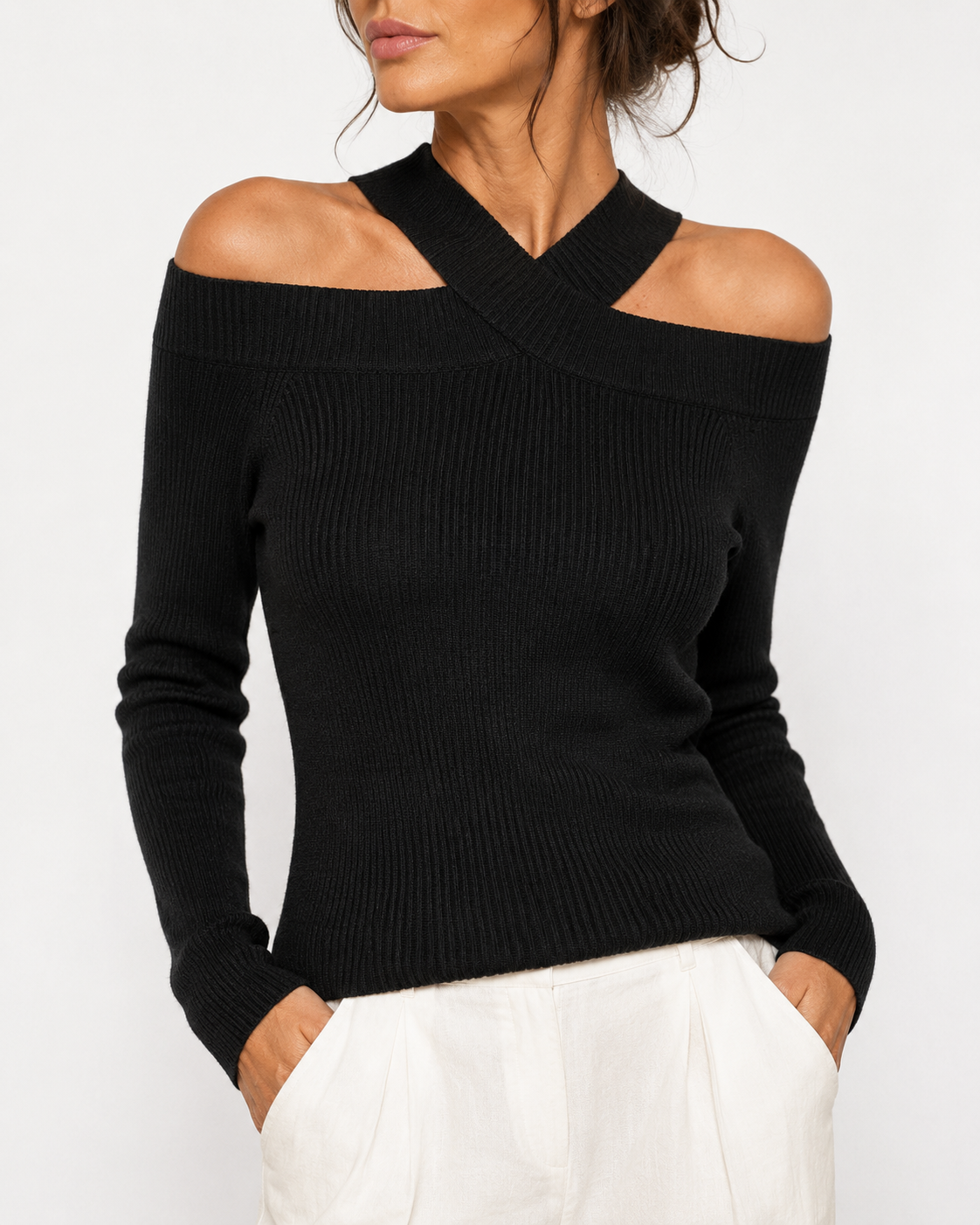 Schulterfreier Feinstrickpullover Schwarz – Eleganter Off-Shoulder Look
