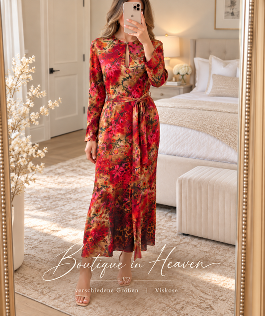 Yippie Hippie Maxikleid Damen – Florales Viskosekleid mit Bindegürtel und Taschen
