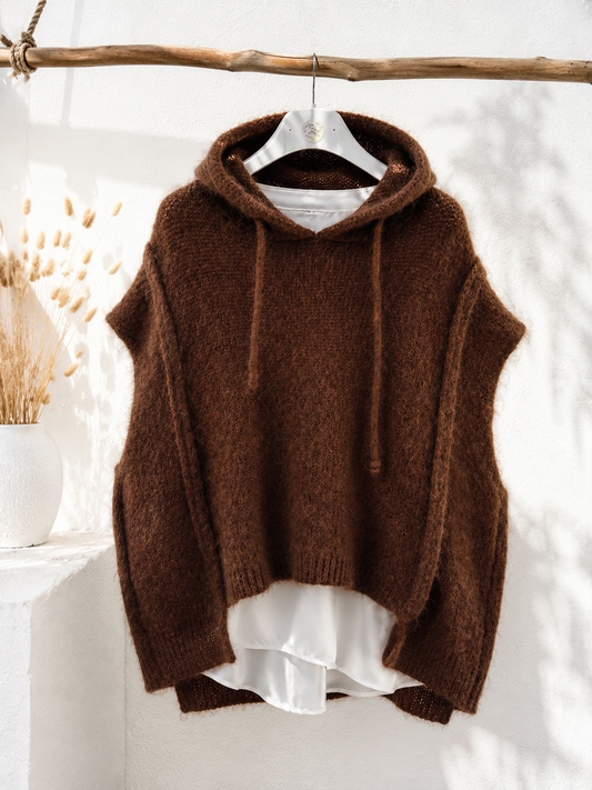Luxury Mohair Hooded Sweater Brown – Women's Knitted Hoodie | Premium Kid Mohair Pullover Vest 38–42