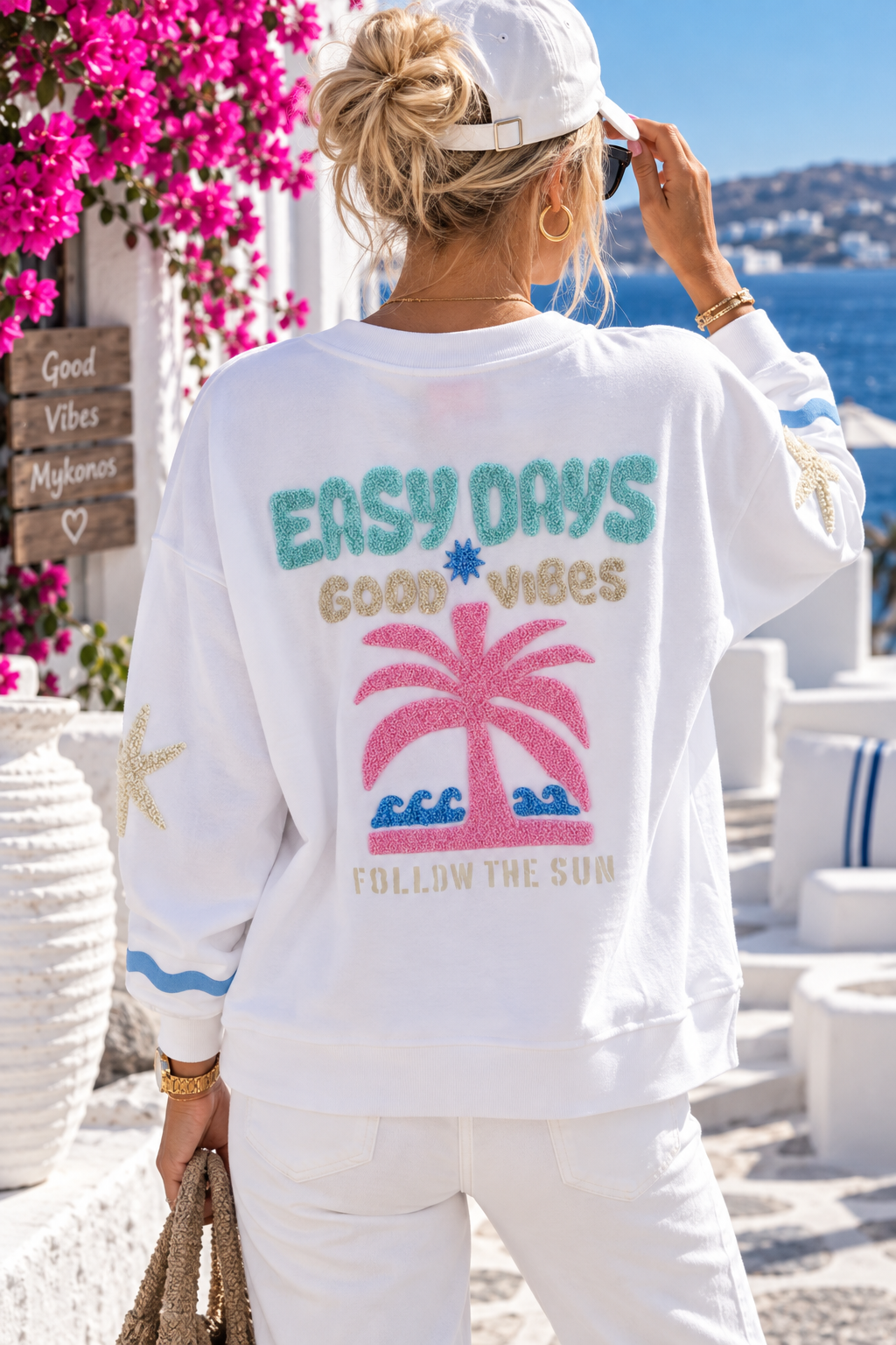 Yippie Hippie Easy Days Sweatshirt Damen Weiß – Rückenprint, Beach Vibes, Oversize Der letzte in S-passt einer M!!!