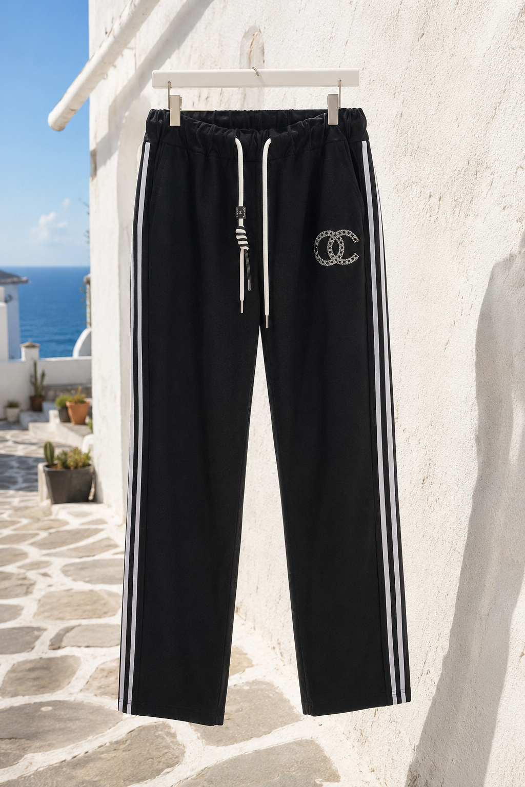 Damen Jogpant Schwarz mit Weißem Seitenstreifen & Strass | Stretch Hose 38-42