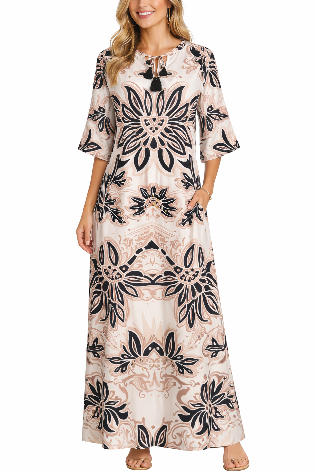 Yippie Hippie Maxikleid Damen – Viskose Sommerkleid Braun Gemustert