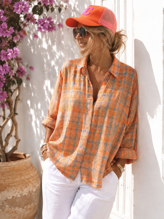 Oversized oranje geruite blouse voor dames – losvallende geruite blouse