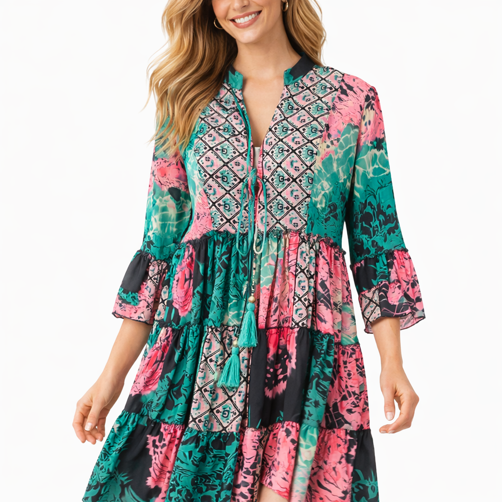 Boho Sommerkleid Damen Pink Grün – Tunika Kleid Midi mit Volantärmeln (Gr. 38-42)