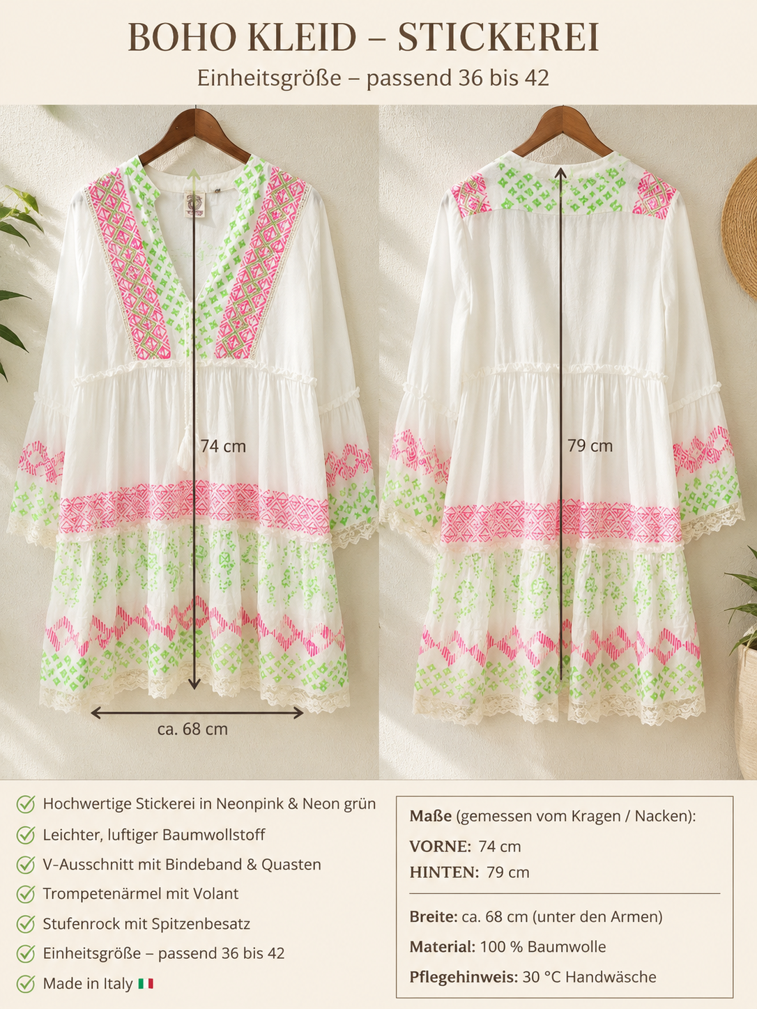 Boho Tunika Kleid Weiß – Midikleid mit Stickerei & Pailletten | Sommerkleid Damen (36–40)