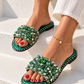 Damen Sandalen – Funkelnde Luxus Slipper in Smaragdgrün