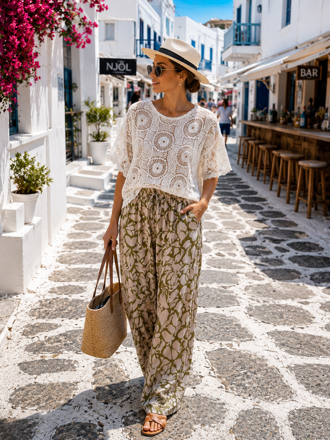 JC Sophie Palazzo Hose Grün Beige – Viskose Hose mit Taschen | Sommerhose 38–42