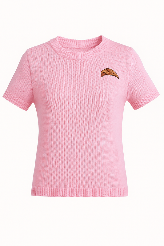 Pinkes Strickshirt aus 100 % Baumwolle mit Croissant-Stickerei  | Größe 36–40