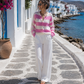 Damen Cardigan Rosa Weiß Gestreift | Edle Strickjacke mit Schmuckknöpfen 38-42