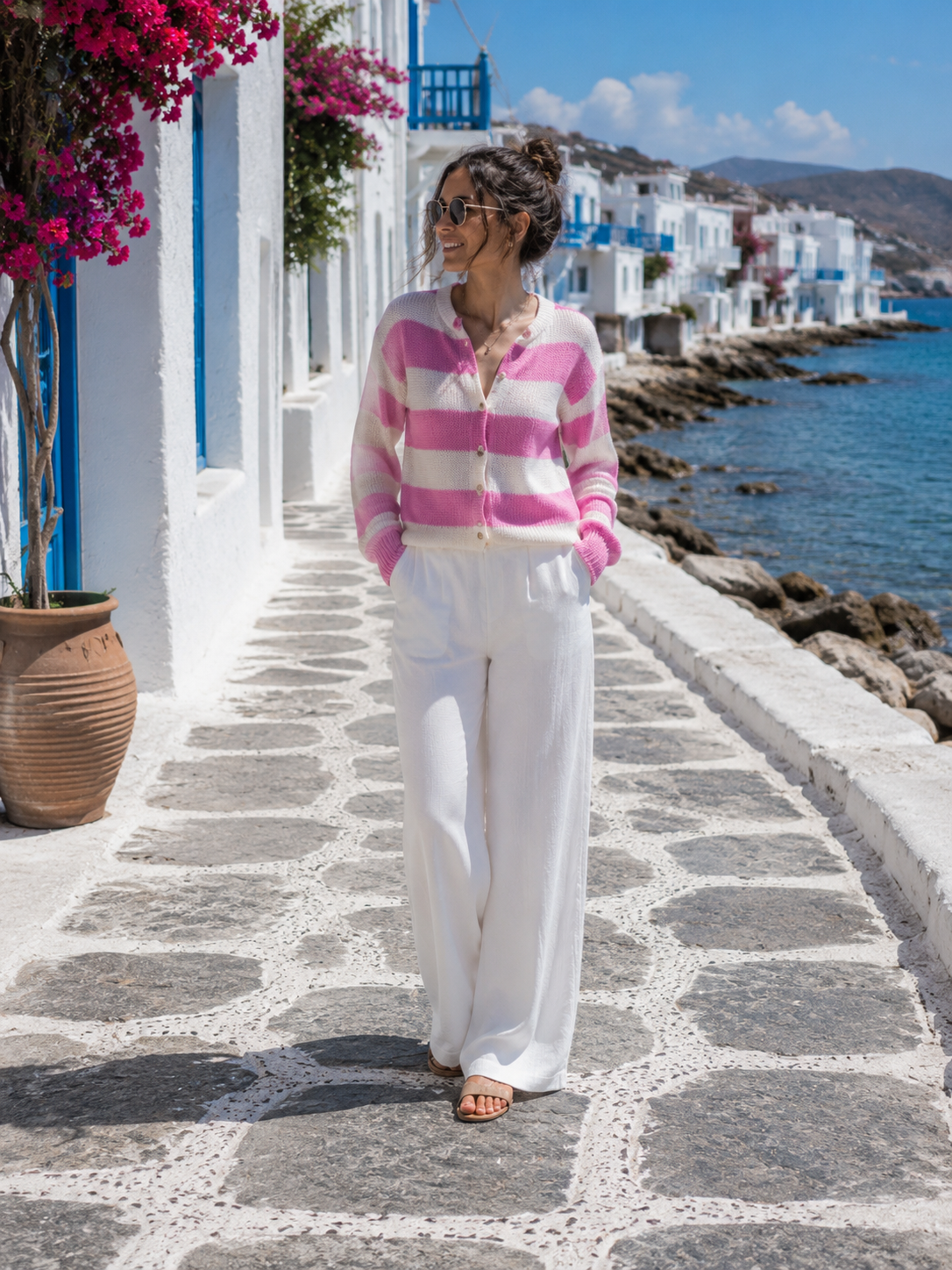 Damen Cardigan Rosa Weiß Gestreift | Edle Strickjacke mit Schmuckknöpfen 38-42