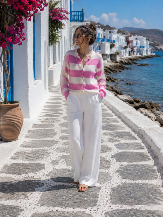 Damen Cardigan Rosa Weiß Gestreift | Edle Strickjacke mit Schmuckknöpfen 38-42