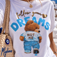 Damen T-Shirt Weiß – Teddy Bärenprint Hellblau Dreams Baumwolle Elasthan Größe 38–42